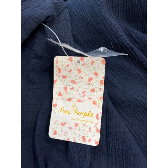 Free People Women's Indigo Blue Boho Tassel Crochet Gauzy Mesh Blouse Top Sz XS - Picture 6 of 9